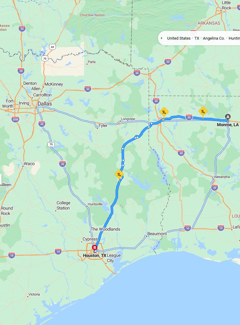 driving from Monroe, Louisiana to HoustonTexas - map and route