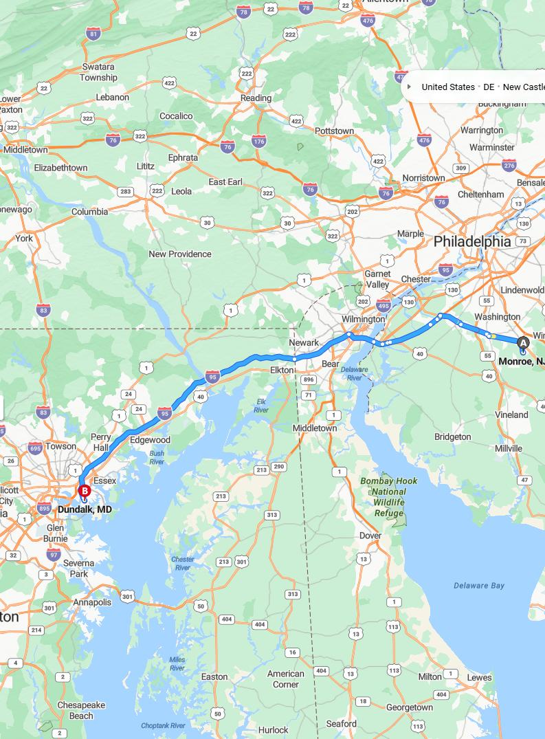 driving from Monroe, New Jersey to DundalkMaryland - map and route