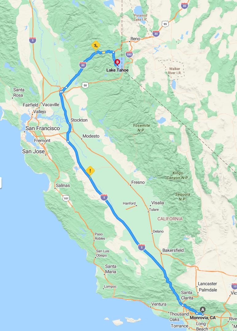 driving from Monrovia, California to Lake TahoeCalifornia - map and route