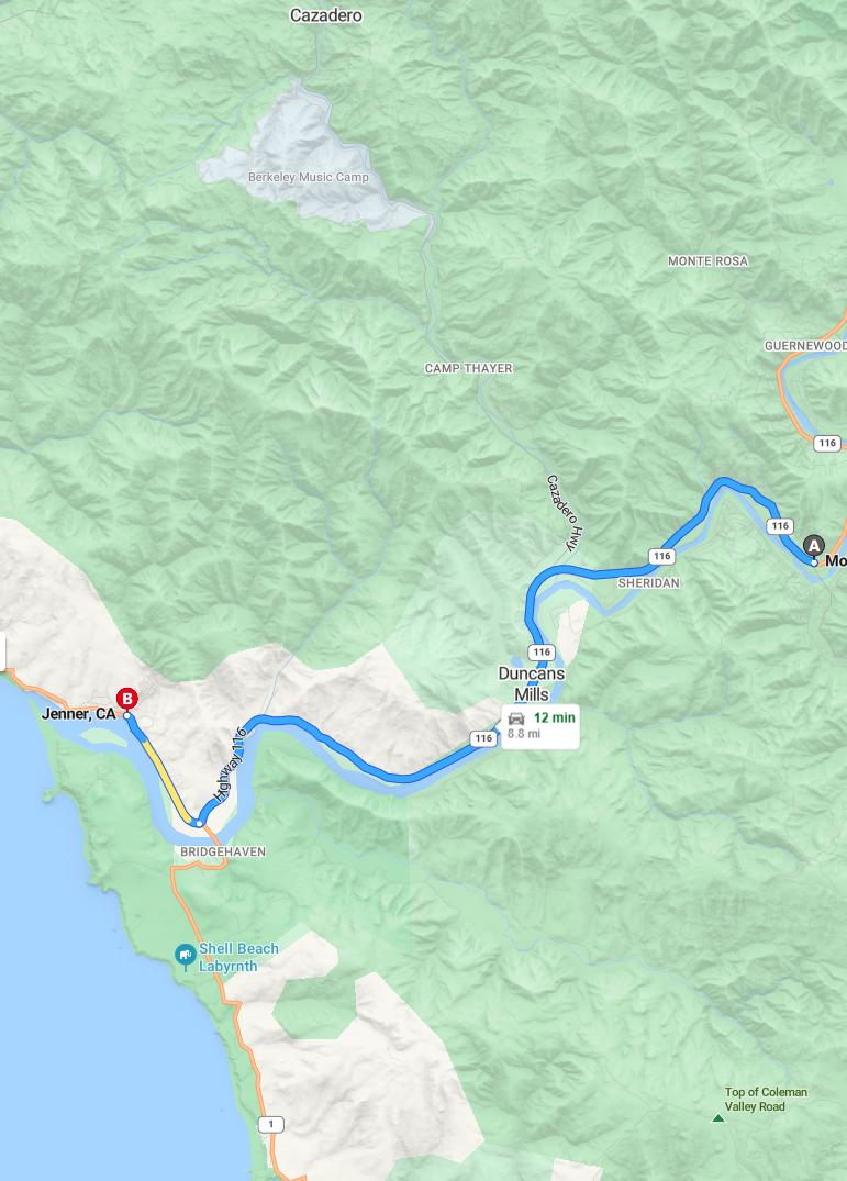 driving from Monte Rio, California to JennerCalifornia - map and route
