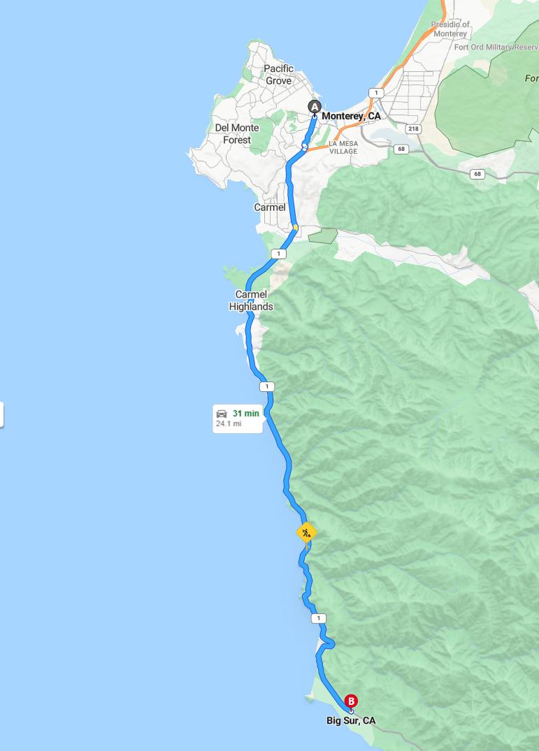 driving from Monterey, California to Big SurCalifornia - map and route