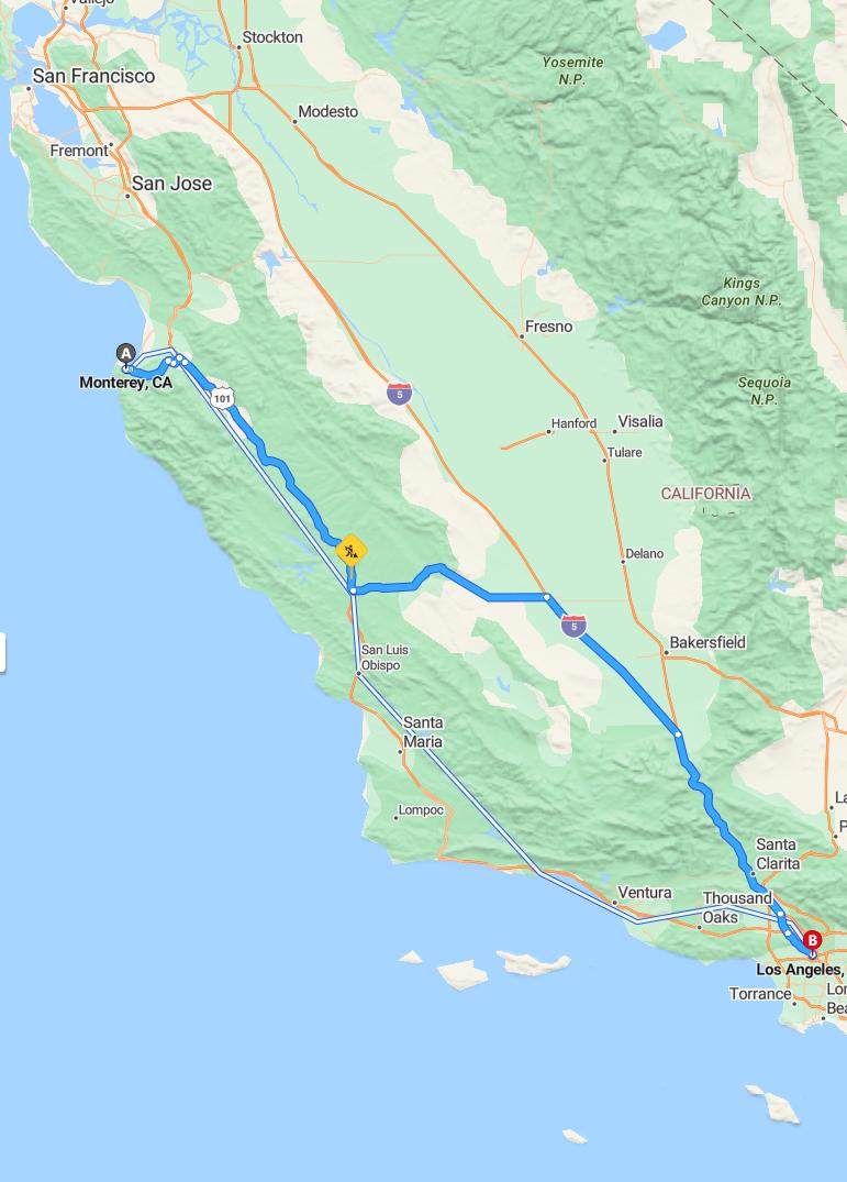 driving from Monterey, California to Los AngelesCalifornia - map and route