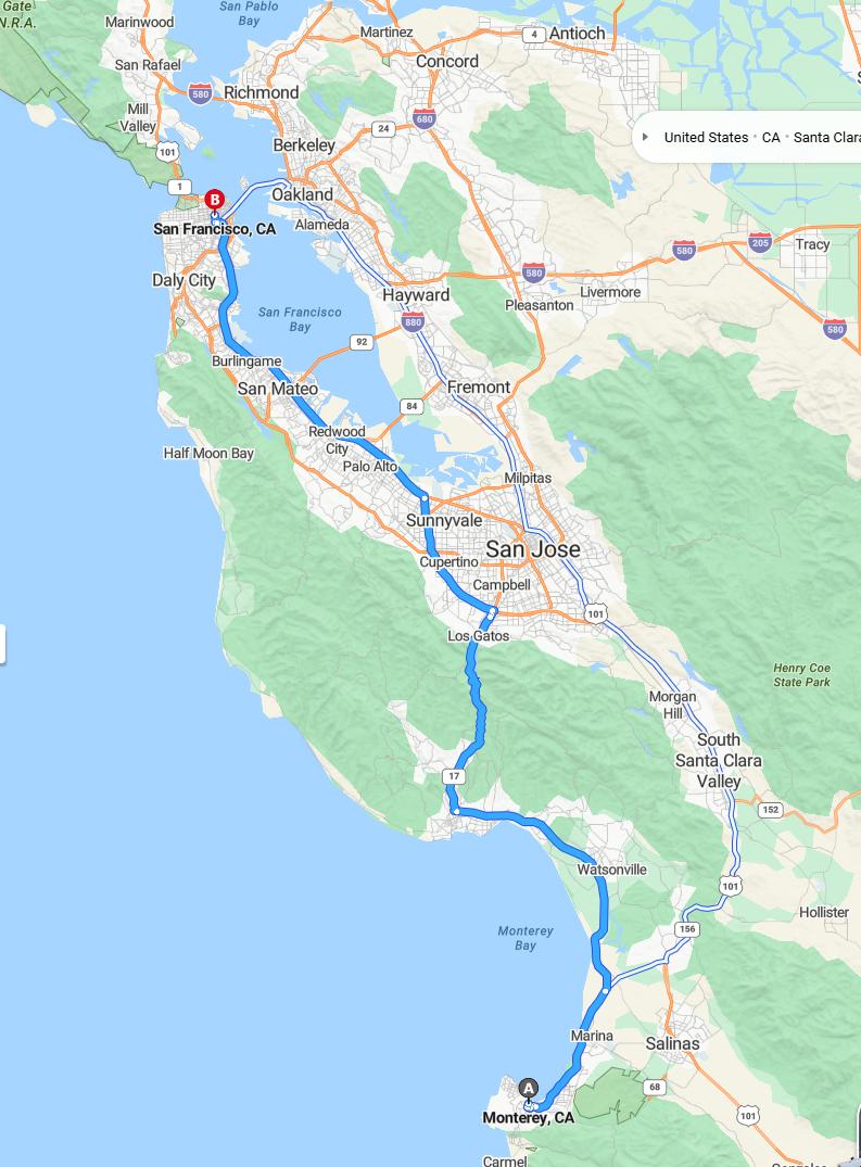 driving from Monterey, California to San FranciscoCalifornia - map and route