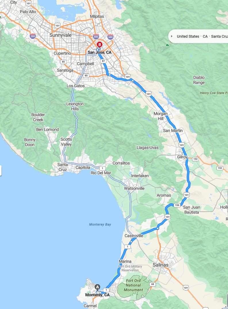 driving from Monterey, California to San JoseCalifornia - map and route