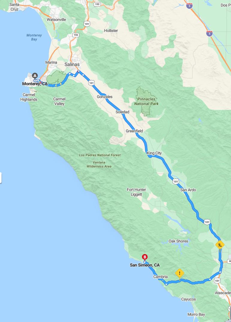 driving from Monterey, California to San SimeonCalifornia - map and route