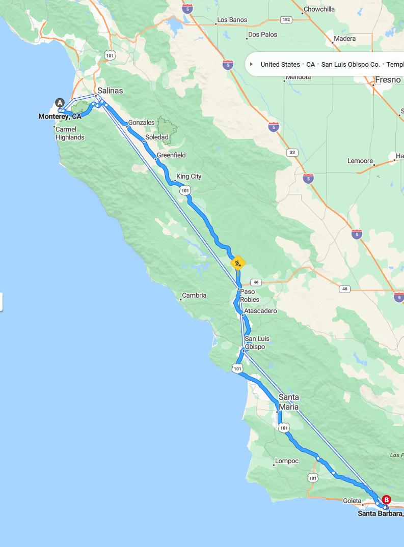 driving from Monterey, California to Santa BarbaraCalifornia - map and route