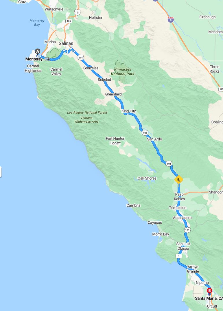 driving from Monterey, California to Santa MariaCalifornia - map and route