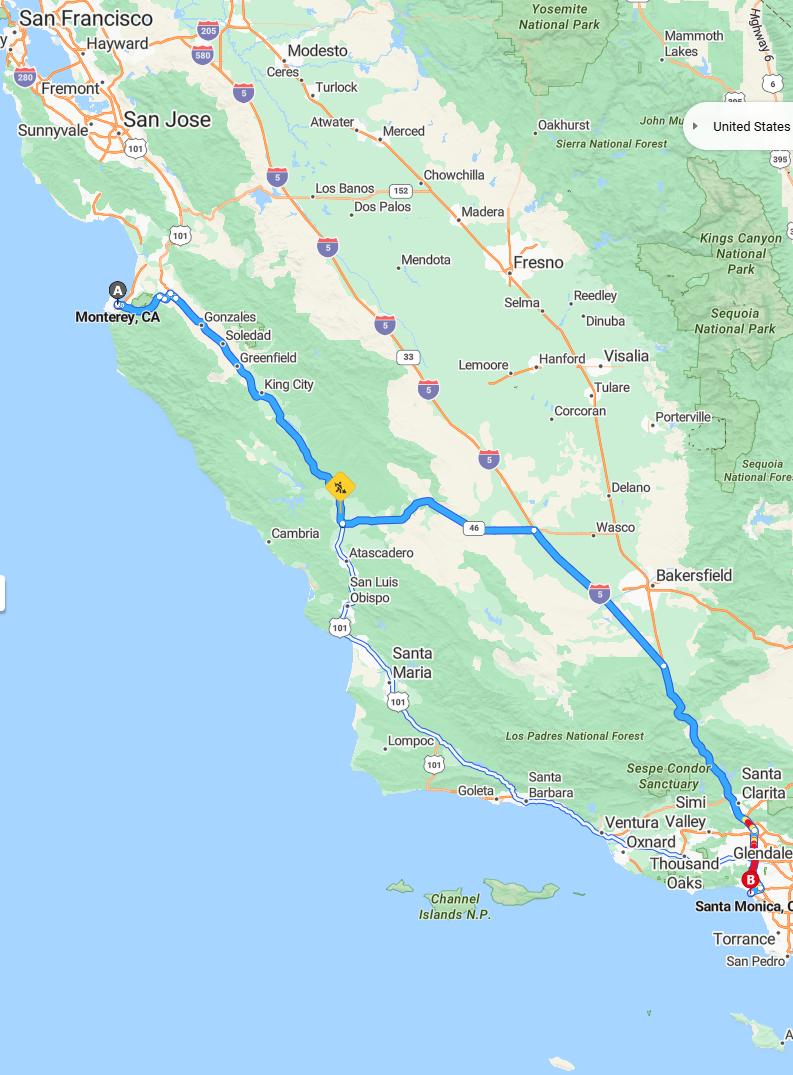 driving from Monterey, California to Santa MonicaCalifornia - map and route