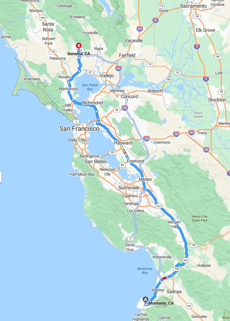 driving from Monterey, California to SonomaCalifornia - map and route