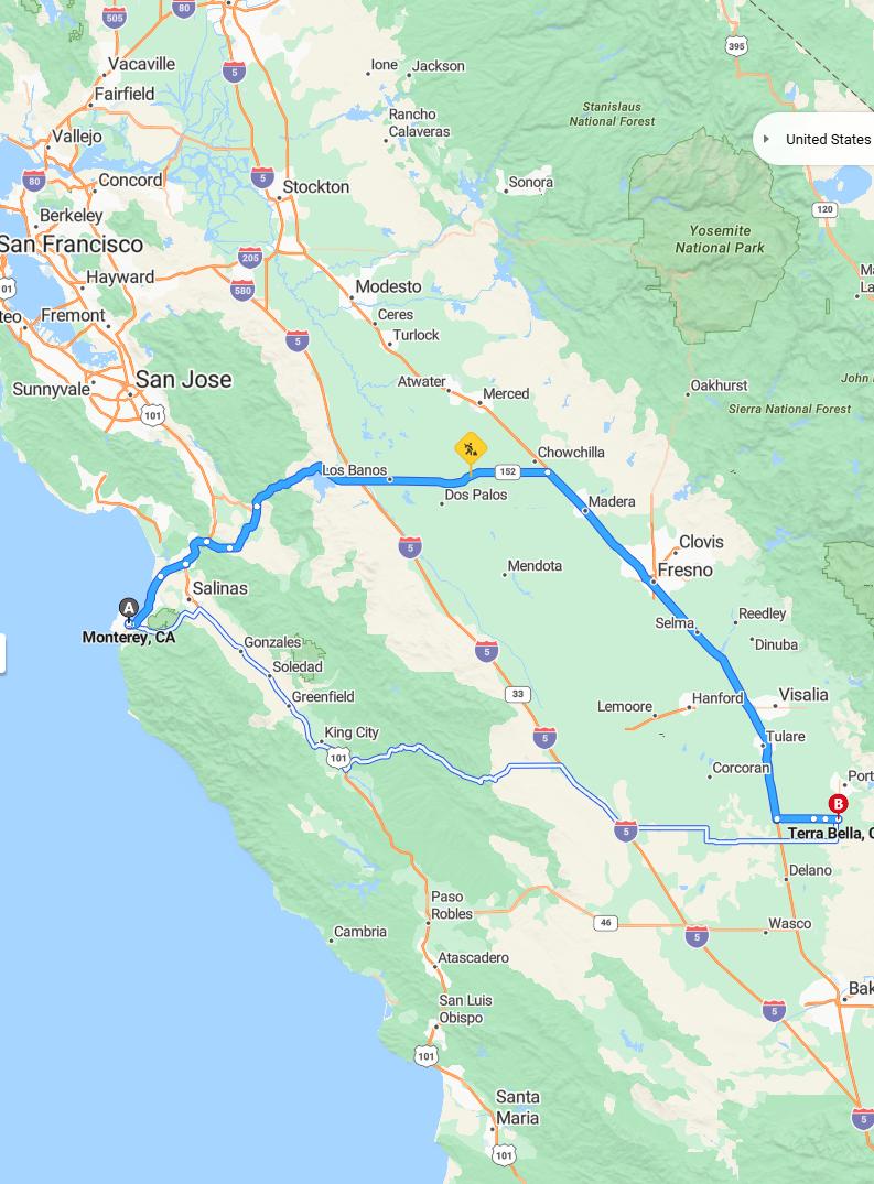driving from Monterey, California to Terra BellaCalifornia - map and route