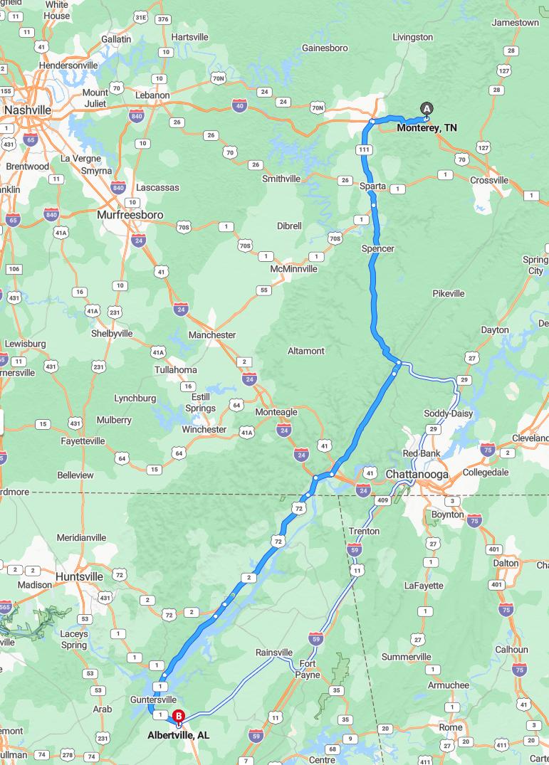 driving from Monterey, Tennessee to AlbertsvilleAlabama - map and route