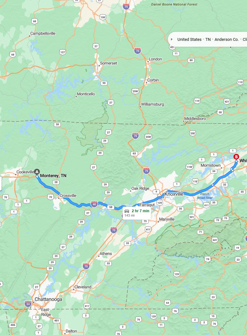 driving from Monterey, Tennessee to WhitesburgTennessee - map and route