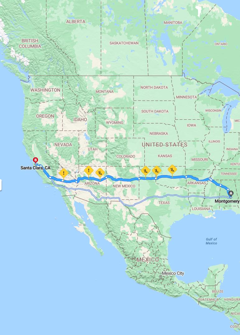 driving from Montgomer, Alabama to Santa ClaraCalifornia - map and route