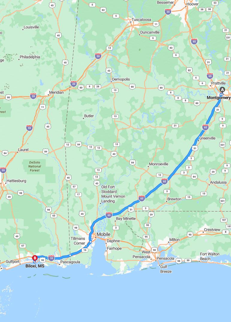 driving from Montgomery, Alabama to BiloxiMississippi - map and route