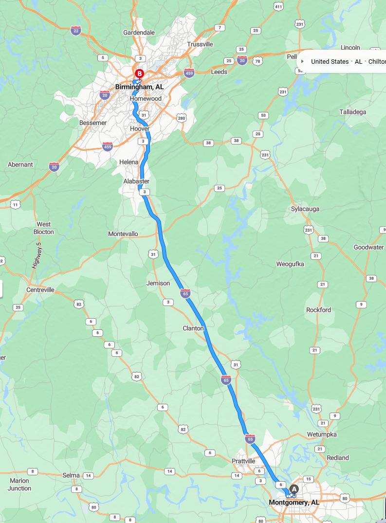 driving from Montgomery, Alabama to BirminghamAlabama - map and route