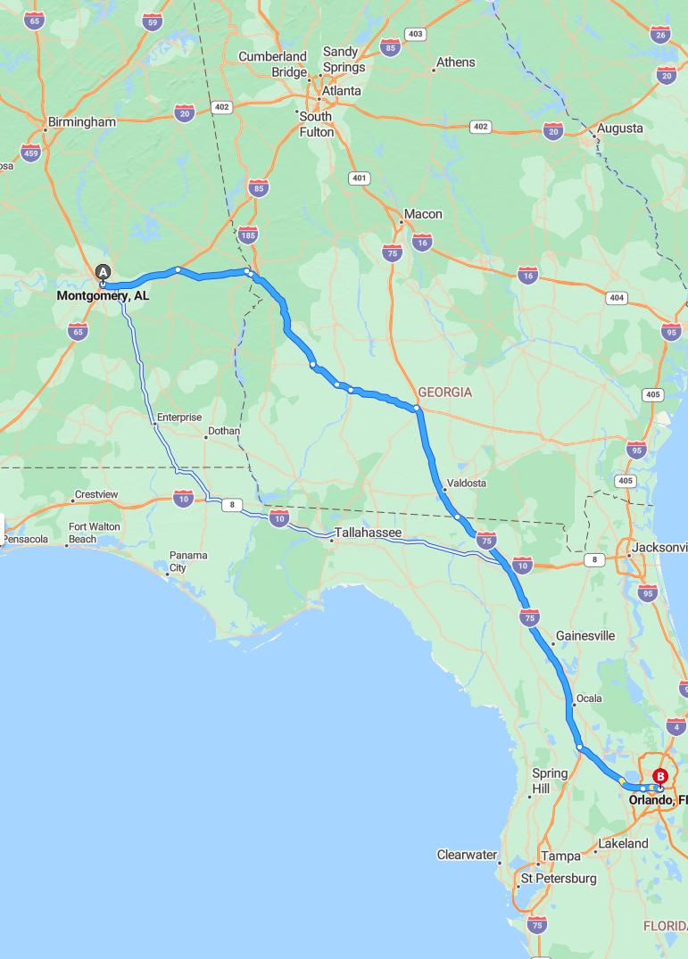 driving from Montgomery, Alabama to OrlandoFlorida - map and route