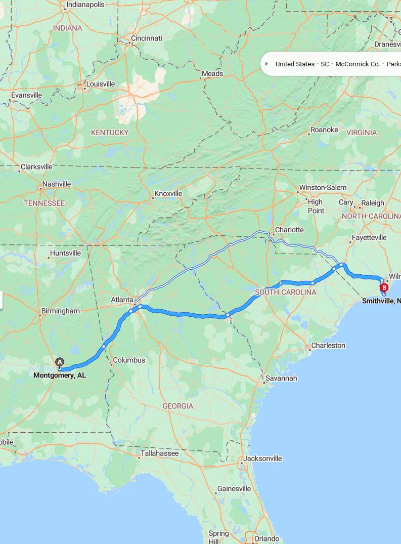 driving from Montgomery, Alabama to SmithvilleNorth Carolina - map and route