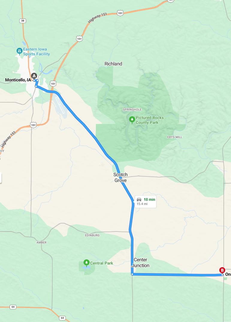 driving from Monticello, Iowa to OnslowIowa - map and route