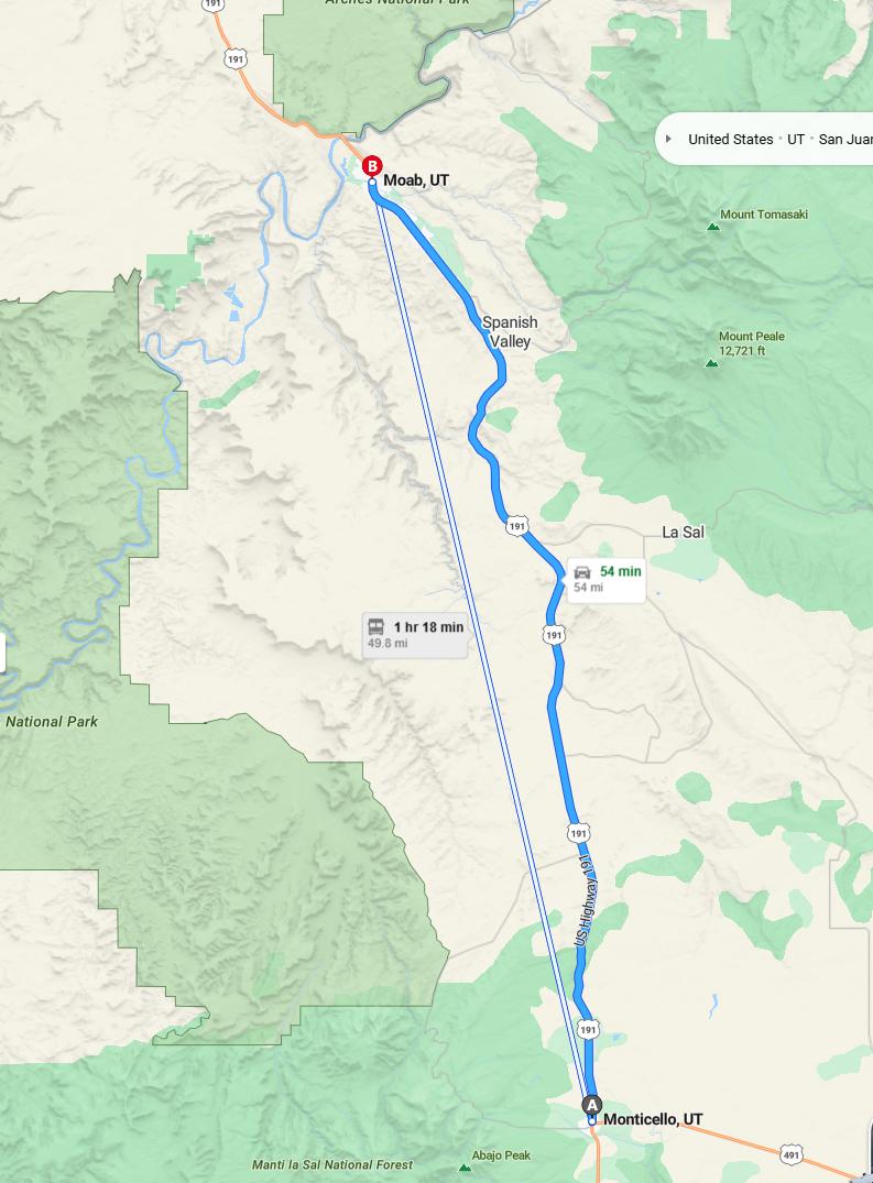 driving from Monticello, Utah to MoabUtah - map and route