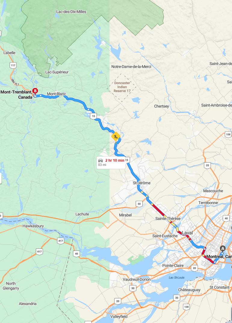 driving from Montreal, Quebec to Mont-TremblantQuebec - map and route