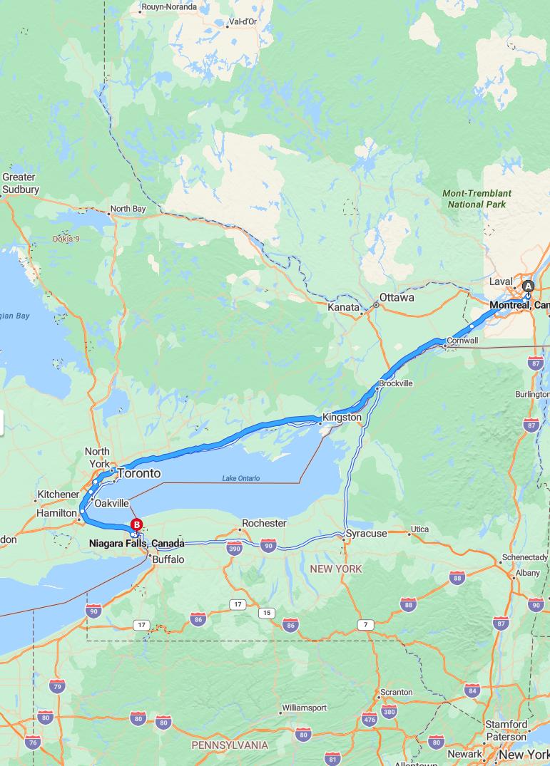 driving from Montreal, Quebec to Niagara FallsOntario - map and route