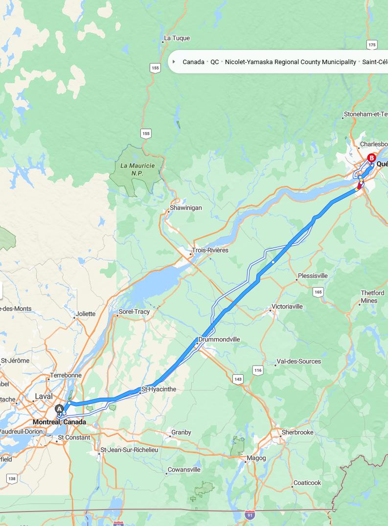 driving from Montreal, Quebec to Quebec CityQuebec - map and route