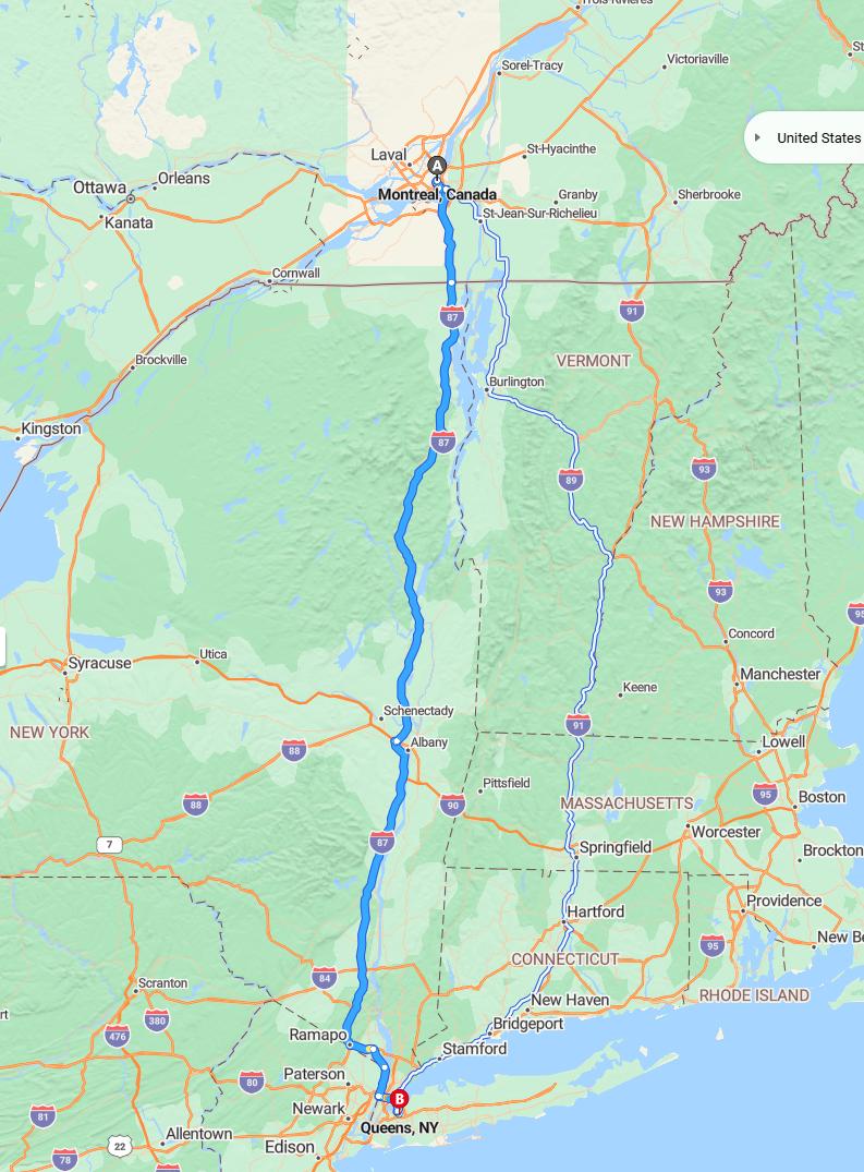 driving from Montreal, Quebec to QueensNew York - map and route