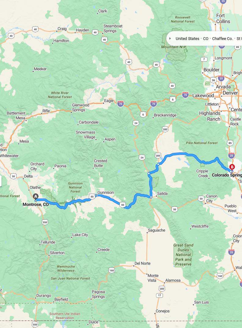 driving from Montrose, Colorado to Colorado SpringsColorado - map and route