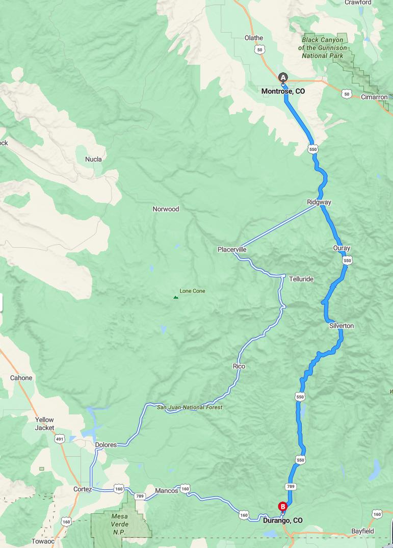 driving from Montrose, Colorado to DurangoColorado - map and route