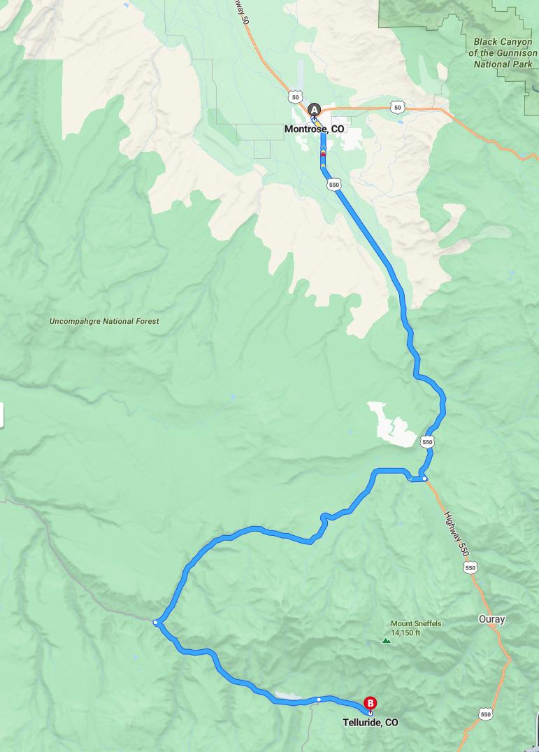 driving from Montrose, Colorado to TellurideColorado - map and route