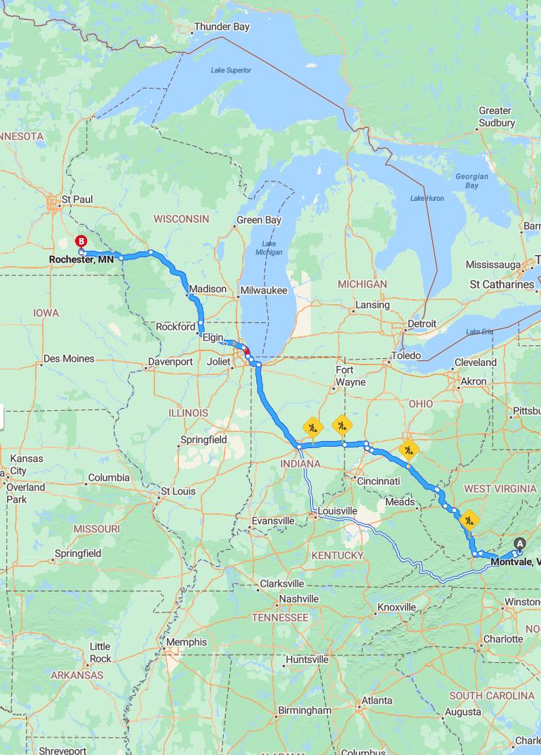 driving from Montvale, Virginia to RochesterMinnesota - map and route