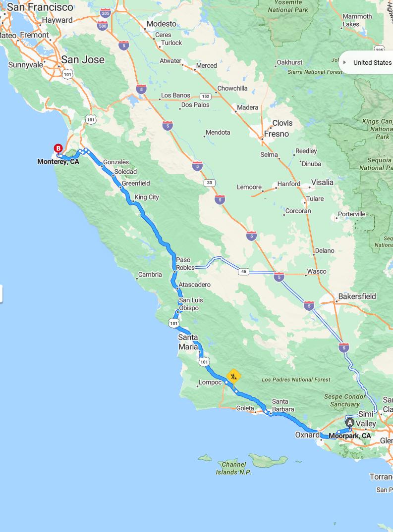 driving from Moorpark, California to MontereyCalifornia - map and route