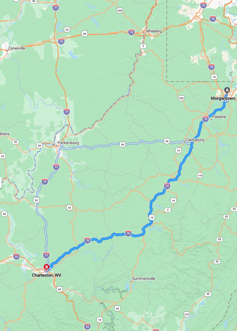 driving from Morgantown, West Virginia to CharlestownWest Virginia - map and route