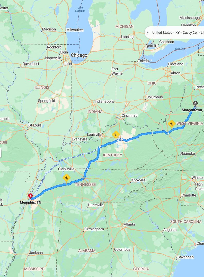 driving from Morgantown, West Virginia to MemphisTennessee - map and route