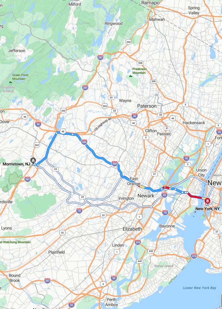 driving from Morristown, New Jersey to New YorkNew York - map and route