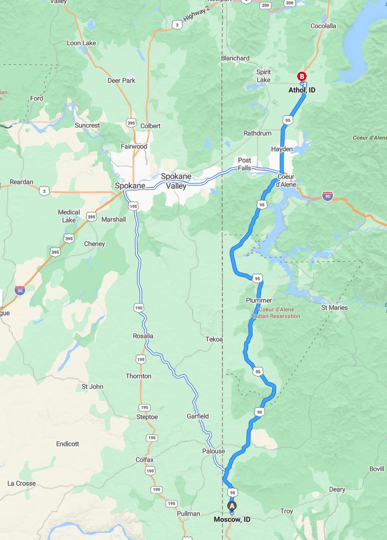 driving from Moscow, Idaho to AtholIdaho - map and route