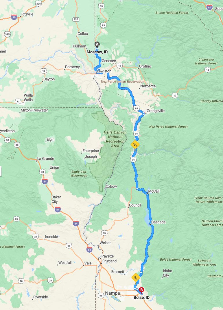 driving from Moscow, Idaho to BoiseIdaho - map and route