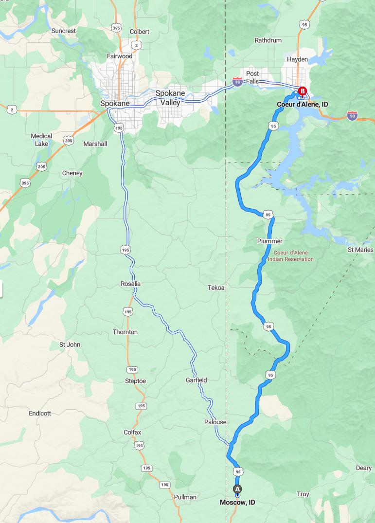 driving from Moscow, Idaho to Coeur d'AleneIdaho - map and route