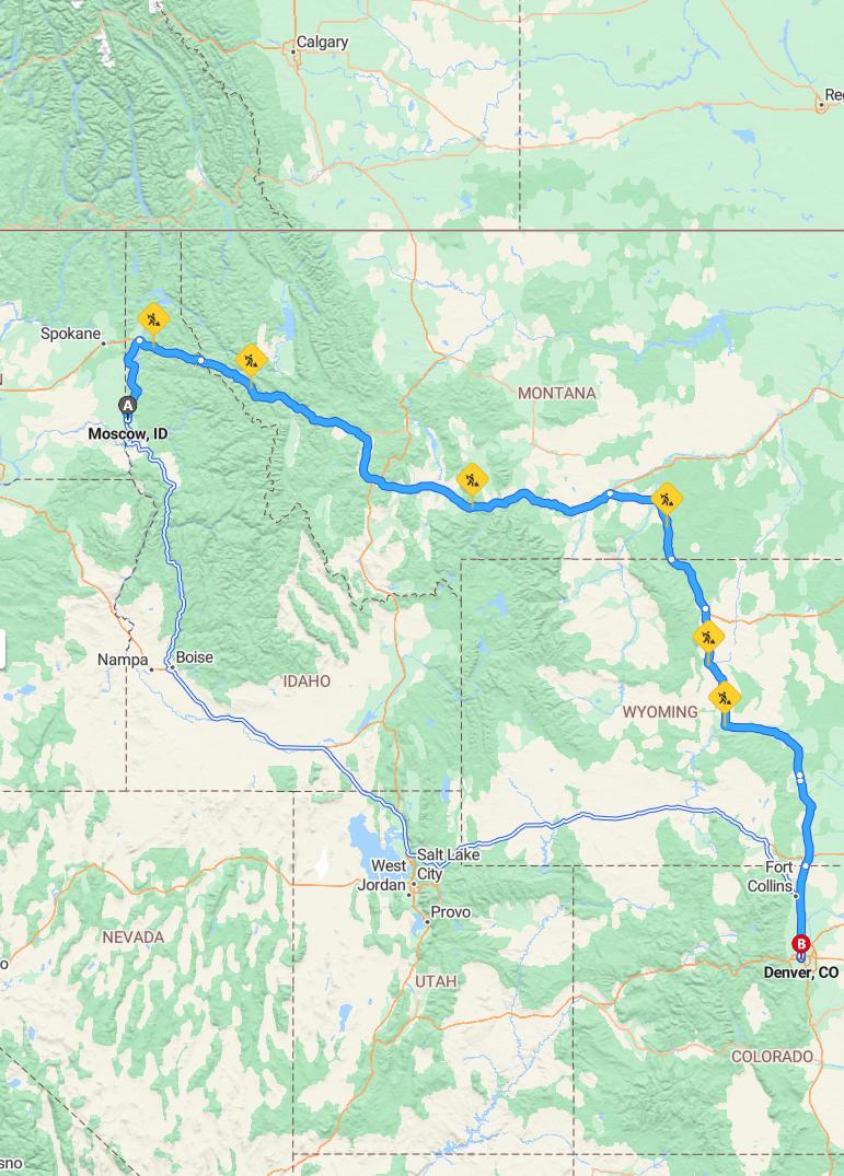 driving from Moscow, Idaho to DenverColorado - map and route