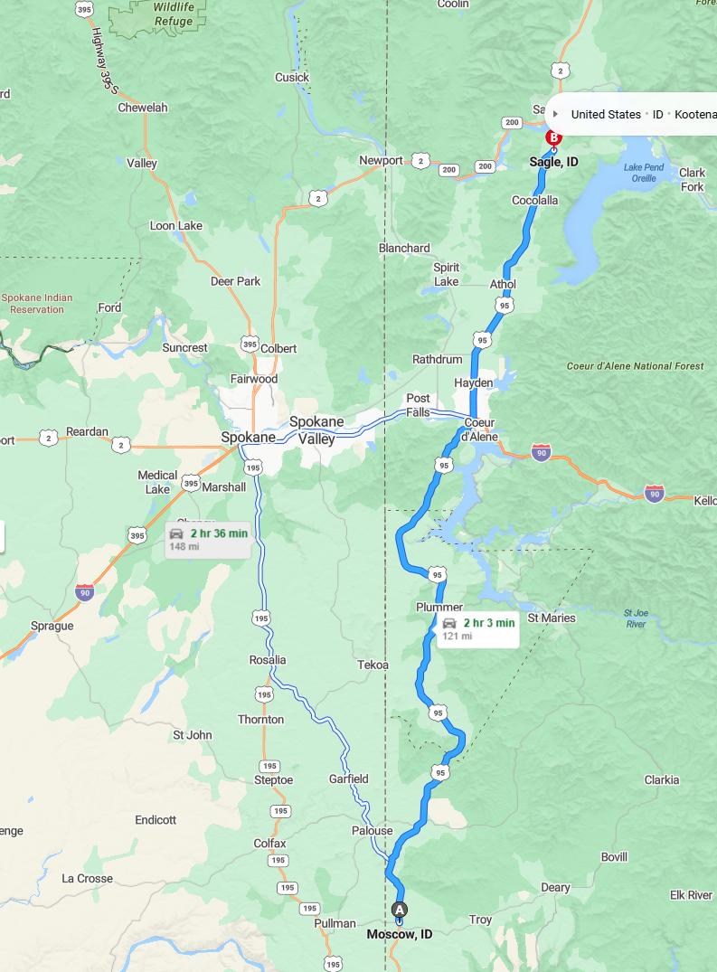 driving from Moscow, Idaho to SagleIdaho - map and route
