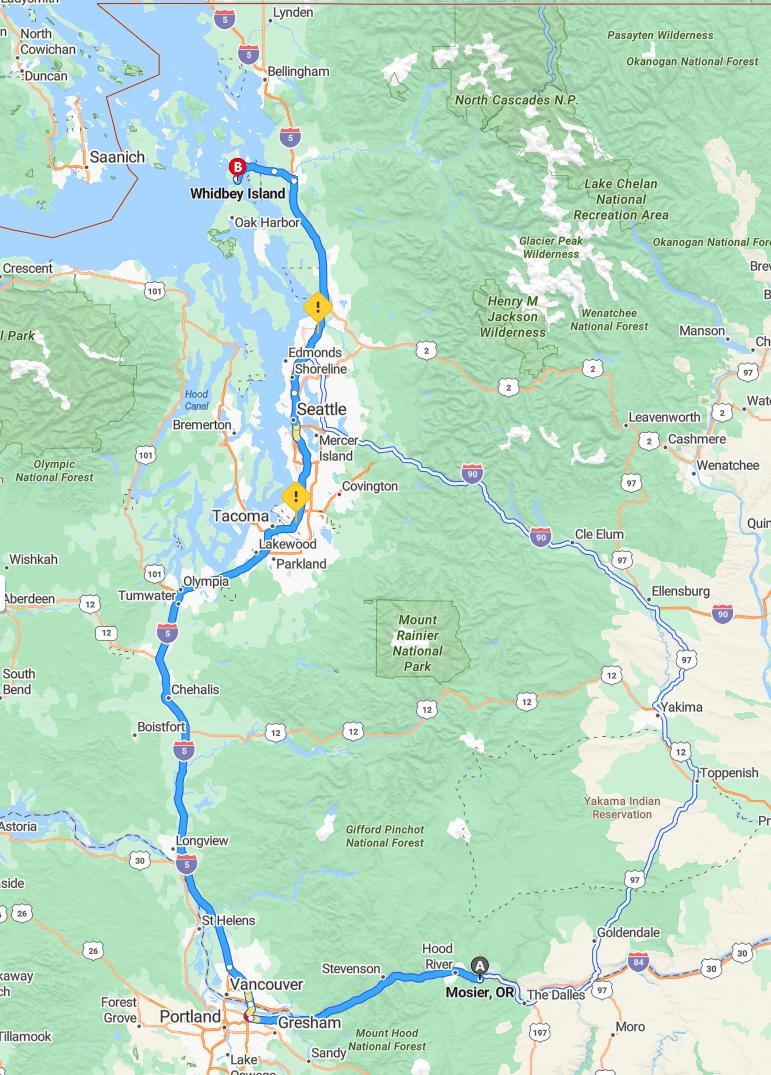 driving from Mosier, Oregon to WhidbeyWashington - map and route