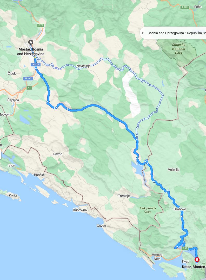driving from Mostar, Bosnia and Herzegovina to KotorMontenegro - map and route