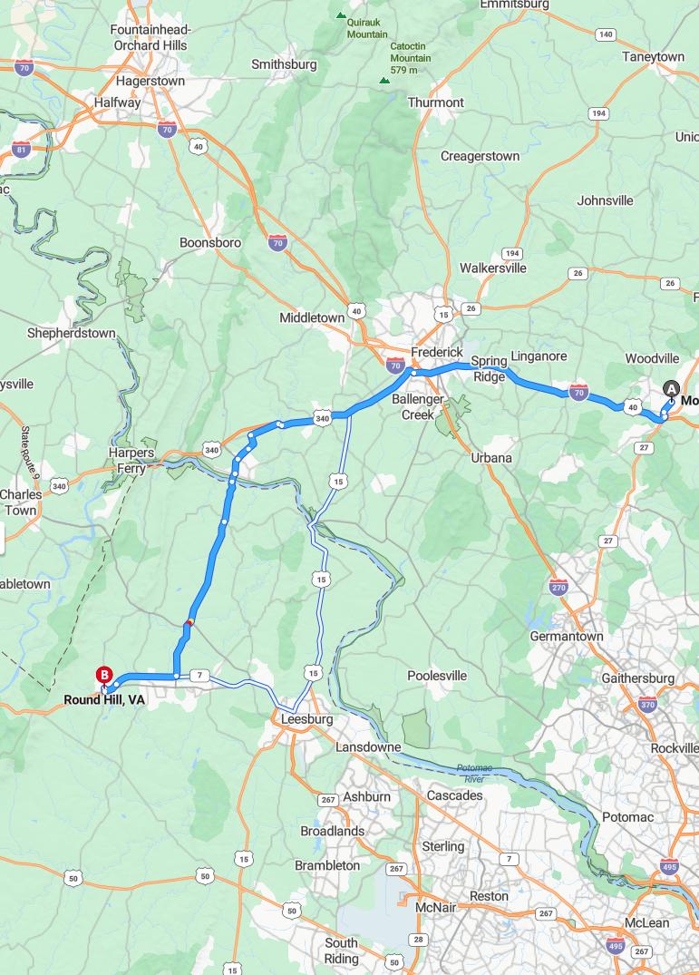 driving from Mount Airy, Maryland to Round HillVirginia - map and route