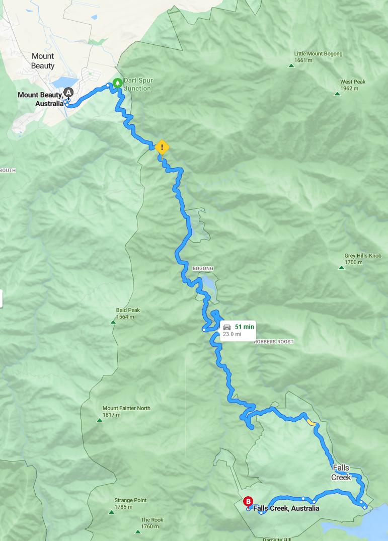 driving from Mount Beauty, Victoria to Falls CreekVictoria - map and route