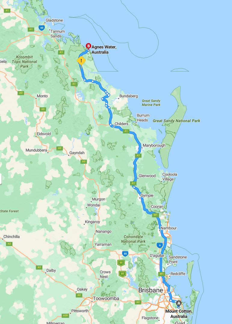 driving from Mount Cotton, Queensland to Agnes WaterQueensland - map and route