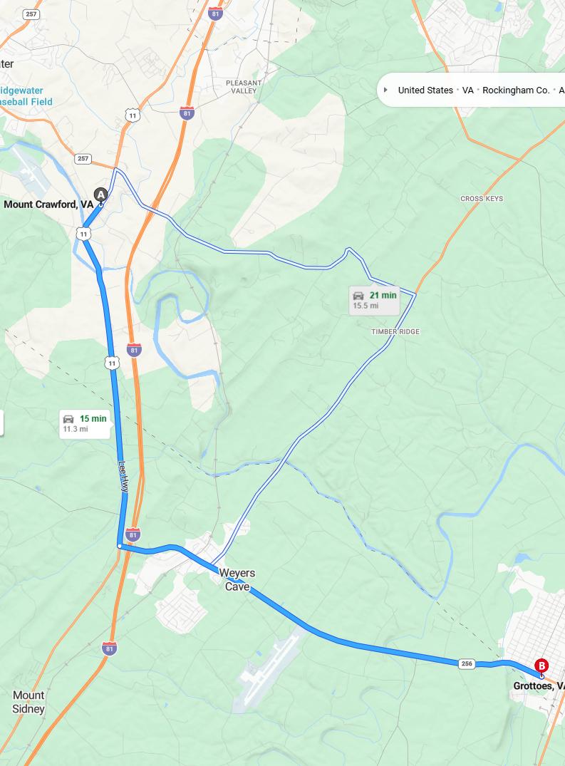 driving from Mount Crawford, Virginia to GrottoesVirginia - map and route