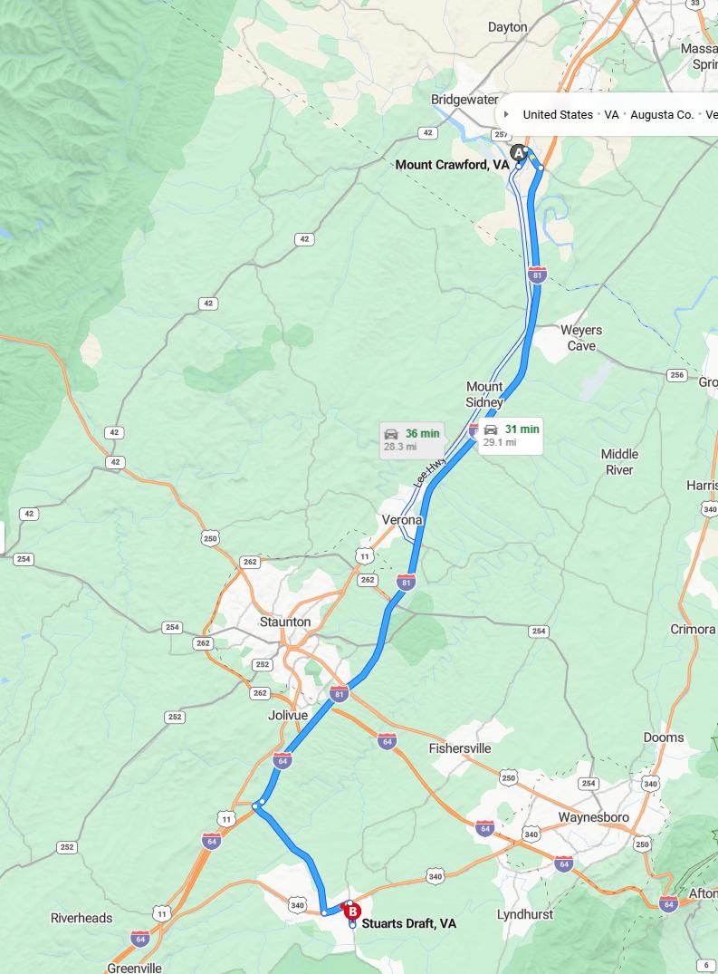 driving from Mount Crawford, Virginia to Stuarts DraftVirginia - map and route