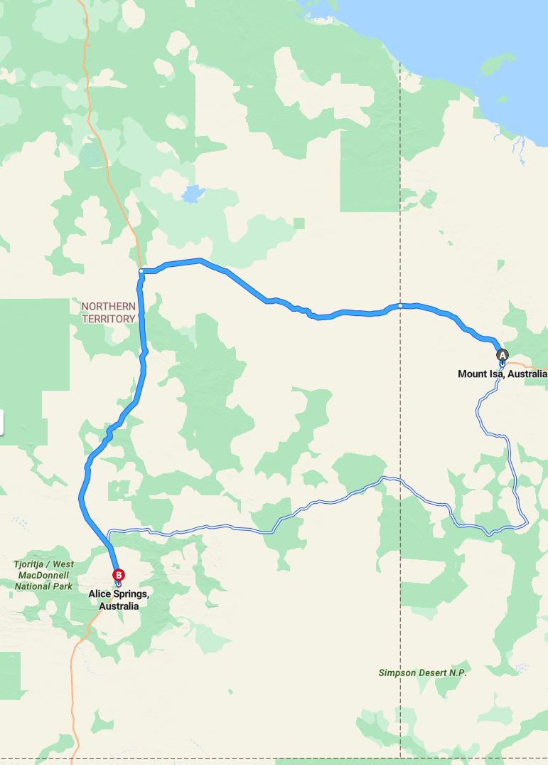 driving from Mount Isa, Queensland to Alice SpringsNorthern Territory - map and route