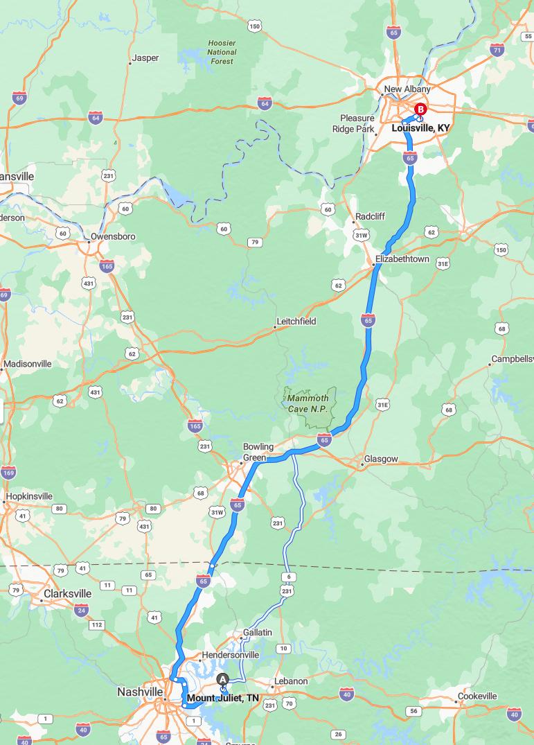 driving from Mount Juliet, Tennessee to LouisvilleKentucky - map and route