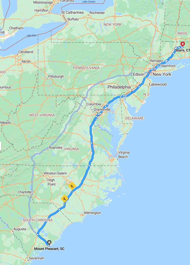 driving from Mount Pleasant, South Carolina to StorrsConnecticut - map and route